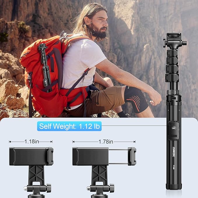 Fugetek 62" Professional Cell Phone Tripod, Ultra Stable 4 Leg Design, Bluetooth Remote, 100% All Aluminum Stick & Legs, Portable All in One, 360° Phone Mount with 2 Cold Shoe Slots, Non Skid Feet