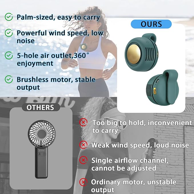 Portable Clip-On Fan, Mini USB Rechargeable 360° Rotatable Fan, 3-Speed Silent Mini Bladeless Fans