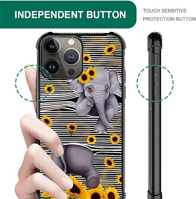 for iPhone 15 Pro Max Case, Cute Little Elephant Sunflower White Line Art Pattern Graphic Design Girl Boy Soft Silicone Hard Acrylic Shock Protection for iPhone 15 Pro Max