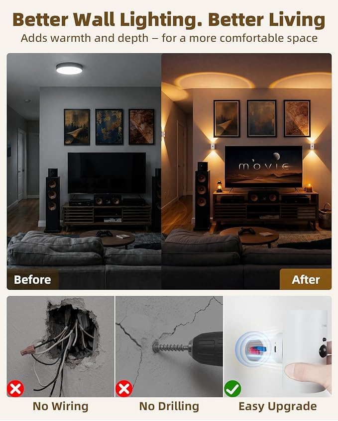 EZVALO Battery Operated Wall Sconce with Motion Sensor, 4000mAh Rechargeable Wall Light, 3 Color Temperatures & 12 RGB, Up & Down LED Lighting for Hallway, Stairs (White, 1 Pack)