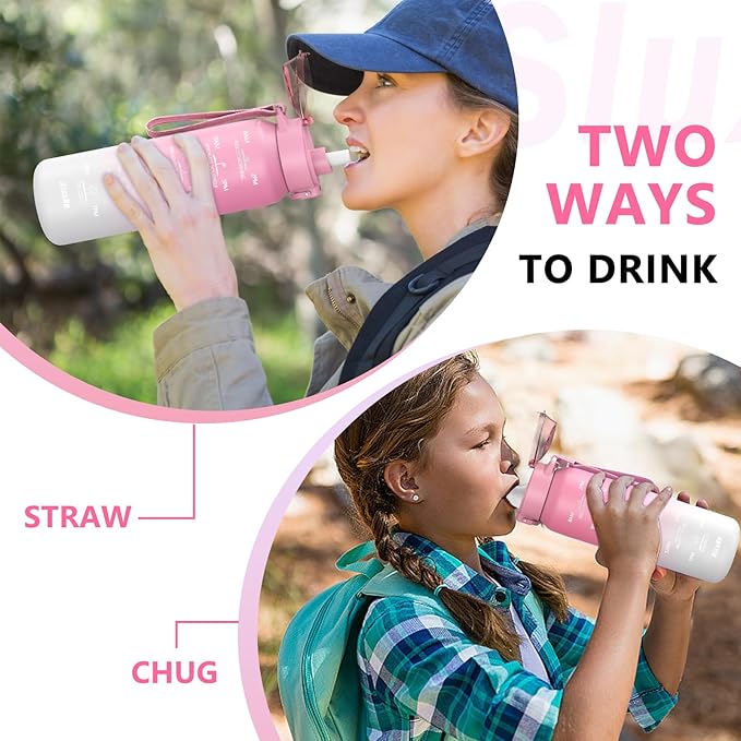 SLUXKE 32oz Insulated water bottle with 2 Lids (Straw and Chug Lid), 18/10 Stainless Steel Water Bottle BPA Free, Double Wall Vacuum Wide Mouth Insulated Water Bottle for Men, Women & Kids PINK WHITE