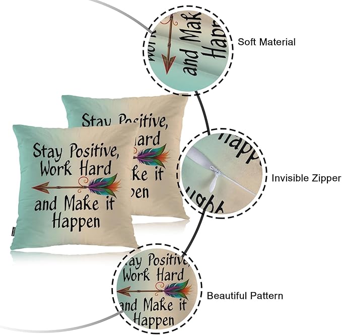 Swono Pillow Covers 18X18 Inch Set of 2 Life Quote, Throw Pillow Cases Stay Positive Work Hard and Make It Happen Arrow Pillowcase Cushion Cover Decorative for Outdoor Home Sofa Bedroom Livingroom