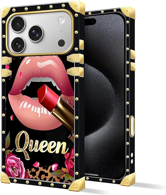 for iPhone 17 Pro Case Luxury Golden Decoration for Girl Women Soft TPU Shockproof Protective Hard PC Back for iPhone 17 Pro Crazy Pattern Glitter Red Rose Queen Leopard Lipstick
