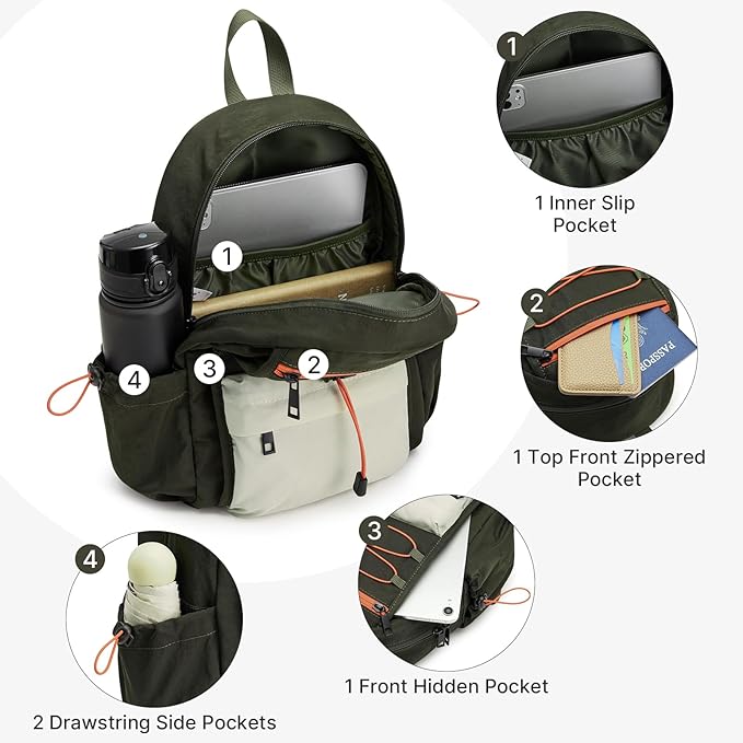 G4Free 10L Small Backpack for Women Men Lightweight Mini Travel Backpacks Hiking Casual Daypack, Dark Green & Beige