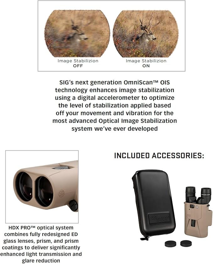 SIG SAUER ZULU6 HDX PRO 14x50mm Waterproof Fogproof Durable FDE Image Stabilized Hunting Binoculars, Multicoated Anti-Glare Lenses, Up to 40 Hours Runtine, Carrying Case & Carrying Strap Included