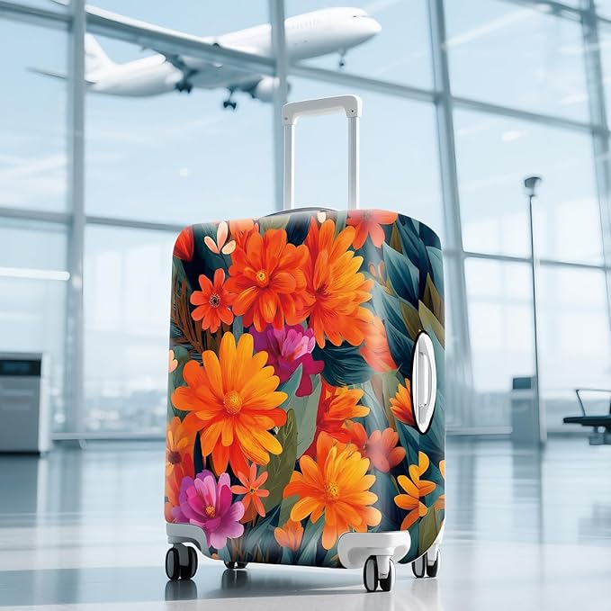 ANNA QUEEN Boho Floral Luggage Cover,Spring Orange Flower Pattern Suitcase Protector,Stretchable,Washable & Water Resistant, Universal Fit for 20-22 Inch Checked Baggage