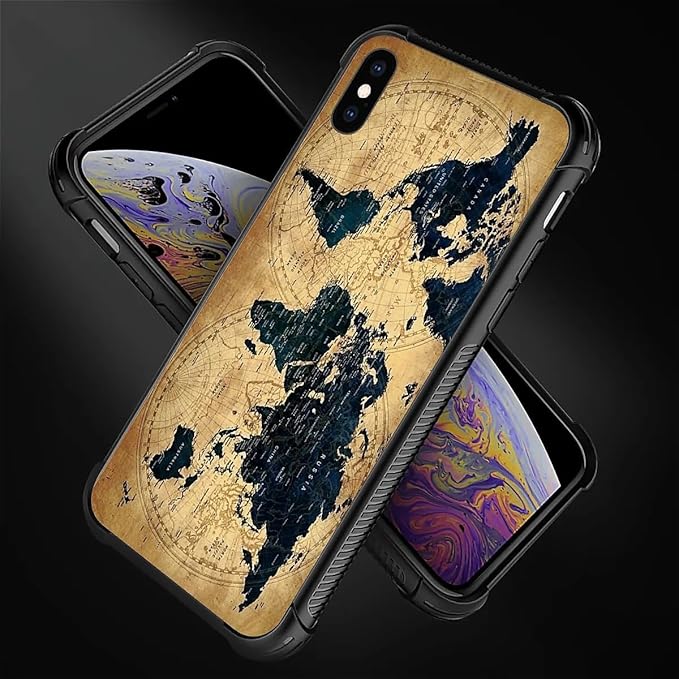 for iPhone Xs Max Case, Brown World Map Pattern Graphic Design Girl Boy Soft Silicone Hard Acrylic Shock Protection for iPhone Xs Max