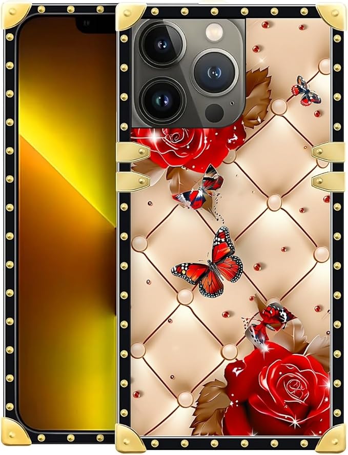 Compatible with iPhone 13 Pro Case, Shining Red Rose Butterfly Leather Background Luxury Golden Decoration for Girl Women Soft TPU Shockproof Protective Hard PC Back for iPhone 13 Pro