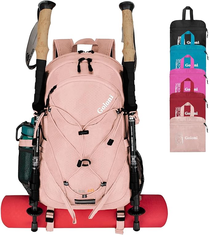 Goloni 45L Hiking Backpack Lightweight Foldable, Waterproof Camping Backpack with Rain Cover & Hiking Pole Mat Carrying System, Ergonomic Water Resistant Daypack for Trekking Travel Men Women Pink