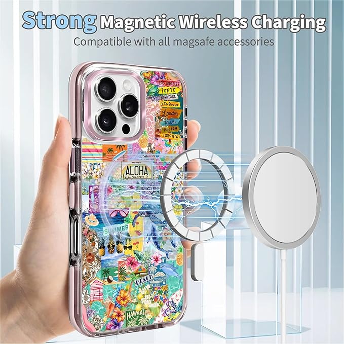 Case for iPhone 16 Pro,[Compatible with MagSafe],Hawaii Aloha Cover Coastal Beach Collage Phone Case Design，for Women Girls Magnetic Clear Cover - Slim, Sleek, & Shockproof Protection