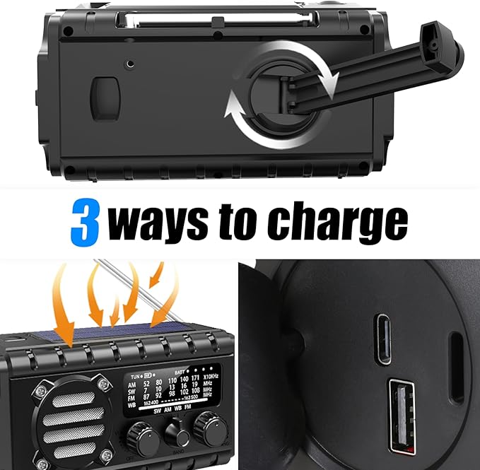 Emergency Radio Hand Crank Solar, AM/FM/SW NOAA Weather Radio Built-in 20000mah Large Battery Powered,Type-C Charger,Flashlight, Reading Light,SOS, Compact & Portable for Camping/Emergencies