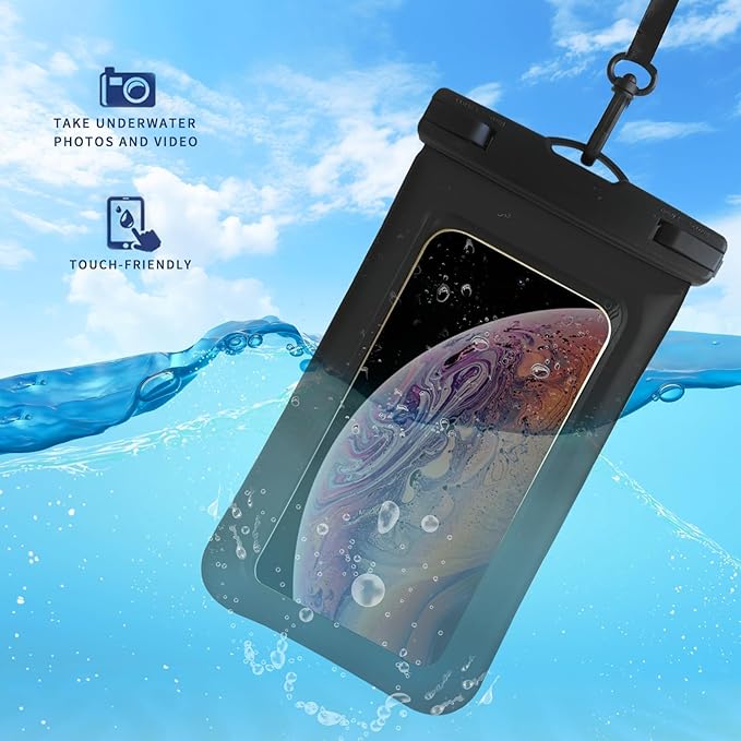 Floatable Waterproof Phone Pouch Case 2 Pax for iPhone 17 16 Pro Max/15/14/13/12, IP68 Travel Cellphone Dry Bag Beach Cruise Ship Essentials Bags with Crossbody Lanyard,Blue and Black-7″