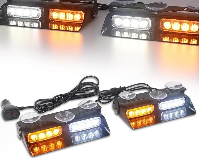 XRIDONSEN 2 in 1 Emergency Dash Strobe Lights Interior Windshield Lights Amber White Warning Hazard Safety Flashing w/Suction Cups for Construction Vehicles, Trucks Car (2×7.16 inch, 16 LED)