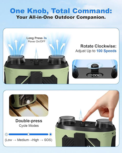 15000mAh Portable Waist Fan, 4-in-1 Waist Clip Fan with Power Bank & LED Light, 100-Speed 25000 RPM Strong Airflow, Instant Cooling for Camping, Travel, Outdoor, Garden, Gift for Men Women