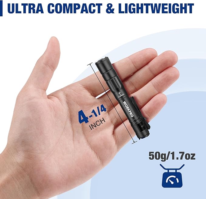 WORKPRO Rechargeable Pen Light, Mini Flashlight, 2 Pack Ultra-Compact EDC Flashlight, Pocket Flashlight with Clip, Memory Function and 2 x USB C Cable Included, Black