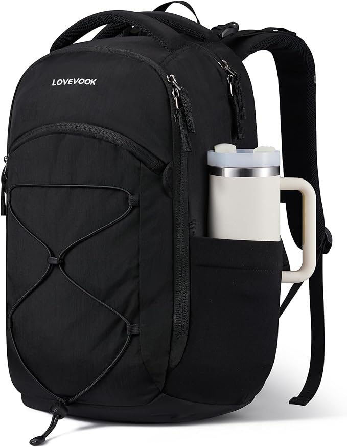 LOVEVOOK Everyday Laptop Backpack for Women & Men With Giant Tumbler Holder,15.6 Inch Classic Travel Work College Teacher Carry on Backpack Purse,Waterproof Computer laptop Bag Hiking Backpack,Black