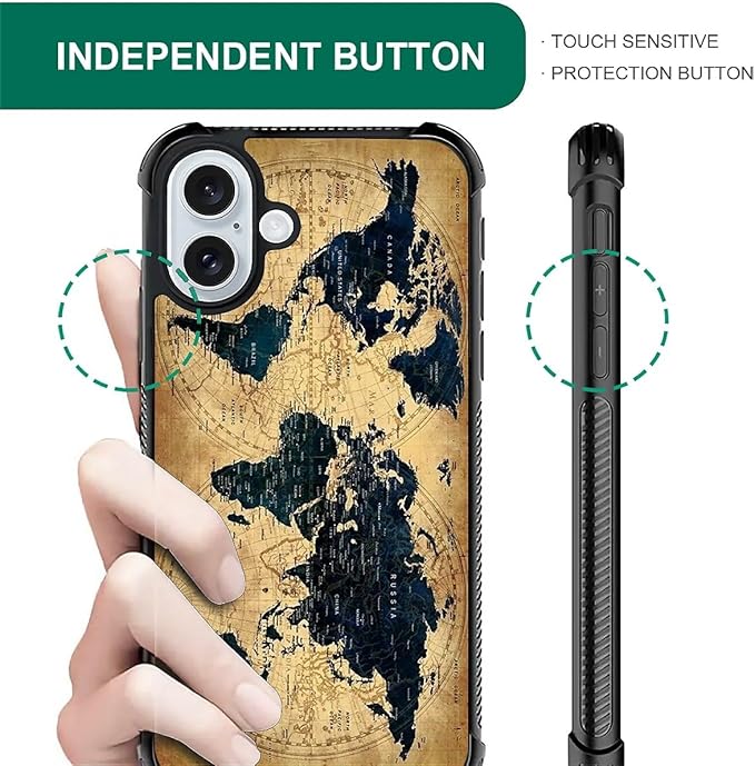 for iPhone 16 Case, Brown World Map Pattern Graphic Design Girl Boy Soft Silicone Hard Acrylic Shock Protection for iPhone 16
