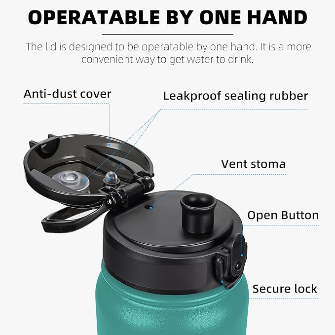 Fanhaw 32 oz Insulated Stainless Steel Water Bottle with Anti-Dust Chug Lid, Leakproof Vacuum Sports Bottle for Men & Women (Green Blue)