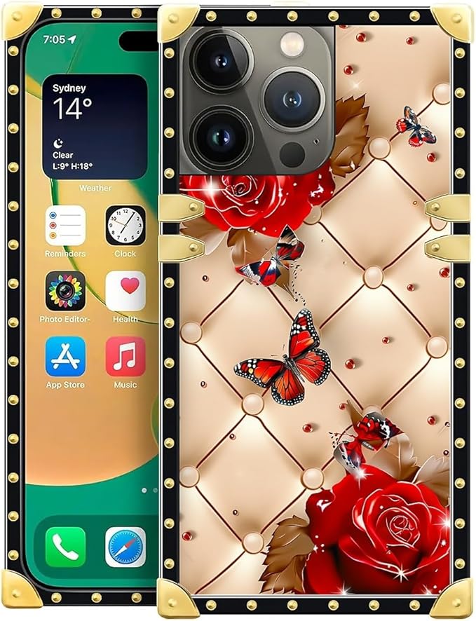 Compatible with iPhone 14 Pro Max Case, Shining Red Rose Butterfly Leather Background Luxury Golden Decoration for Girl Women Soft TPU Shockproof Protective Hard PC Back