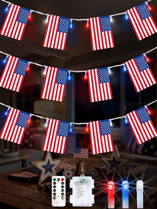 4th of July Decoration, 24FT 50LED Red White and Blue String Lights 25 American Flags, Battery Operated Patriotic Lights Waterproof 8 Modes, Remote & Timer for 250th Anniversary Independence Day Decor