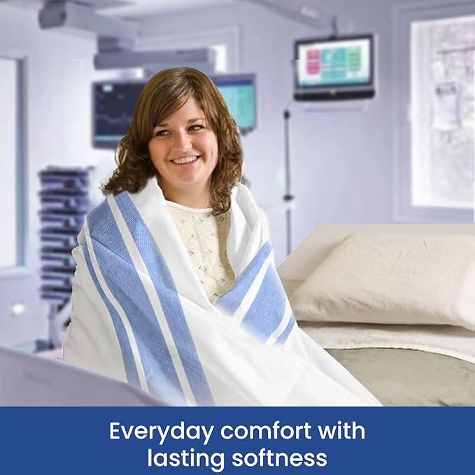 Linteum Textile Cotton Blended Hospital Patient Bath Blanket, Bed Bath Sheet, Twin Blanket Lightweight Sheet Blankets 70x90 in, 1.75 lb. White with Blue Stripes [2 Pack]