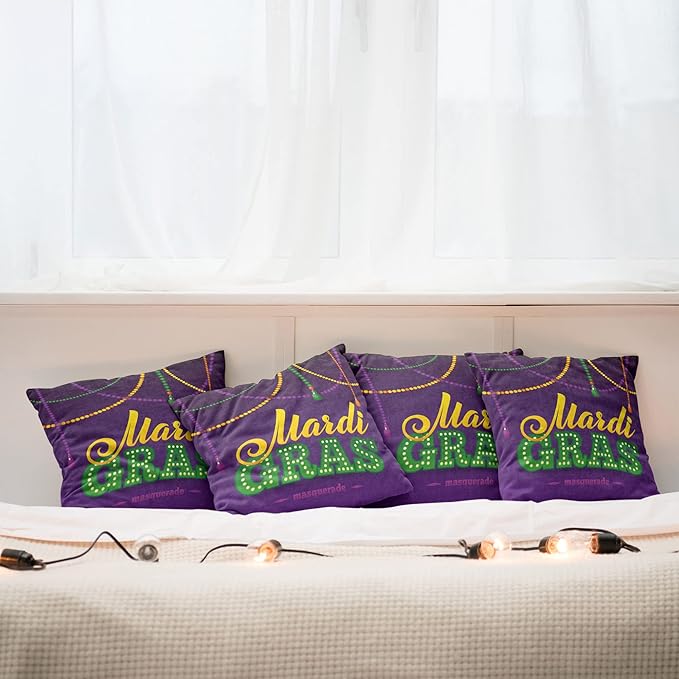 Ambesonne Mardi Gras Throw Pillow Cushion Case Pack of 4, Beads and Tassels Masquerade Theme Calligraphy Design Fun Print, Modern Accent Double-Sided Digital Printing, 18", Purple Marigold