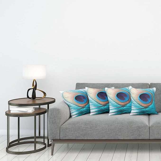 Ambesonne Feather Throw Pillow Cushion Case Pack of 4, Close up Pattern of Peacock Fluff in Vibrant Tones Natural Wildlife Theme Print, Modern Accent Double-Sided Digital Printing, 18", Aqua Cream