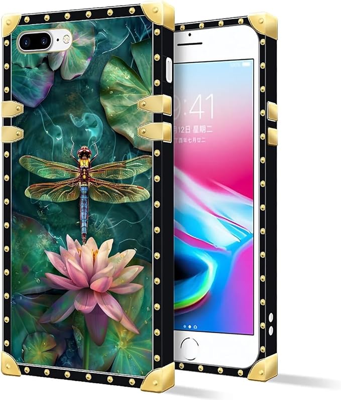 Compatible with iPhone 8 7 SE Case, Colourful Dragonfly Pink Lily Pads Luxury Golden Decoration for Girl Women Soft TPU Shockproof Protective Hard PC Back for iPhone 8 7 SE
