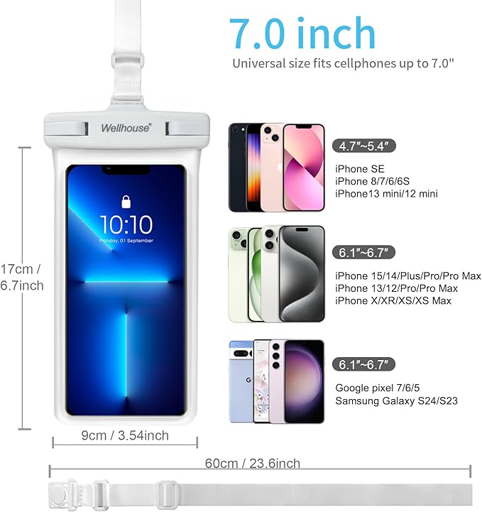 wellhouse Waterproof Phone Pouch, Waterproof Phone Case for iPhone 17 16 15 14 13 Pro Max XS Samsung, IPX8 3D Cellphone Dry Bag Beach Essentials (2 Pack - Black & White7.0, 7 inch)