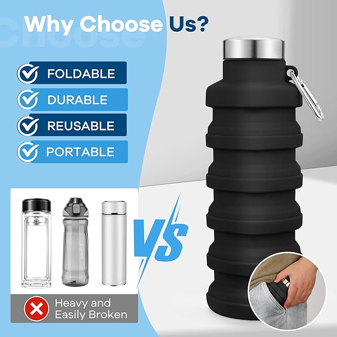 Collapsible Water Bottles 17oz, Portable Leak-Proof Travel Water Bottle, Reusable BPA Free Silicone Foldable Water Bottle with Carabiner for Gym, Traveling, Camping, Hiking, Sports-Black