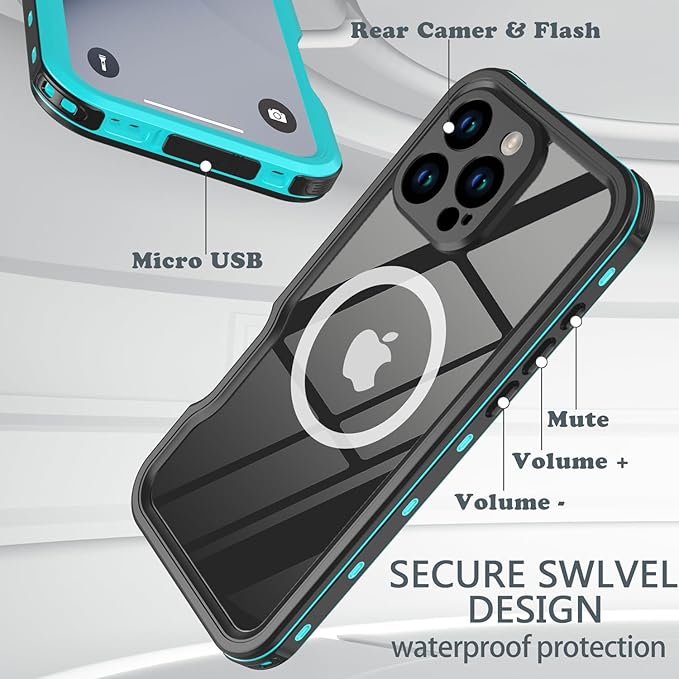 for iPhone 16 Pro Max Case Waterproof, [Shockproof] [Dustproof] [IP68 Waterproof] Full-Body Hard Case Built-in [Lens Screen Protection] for Diving Case (Teal, for iPhone 16 Por Max 6.9in)