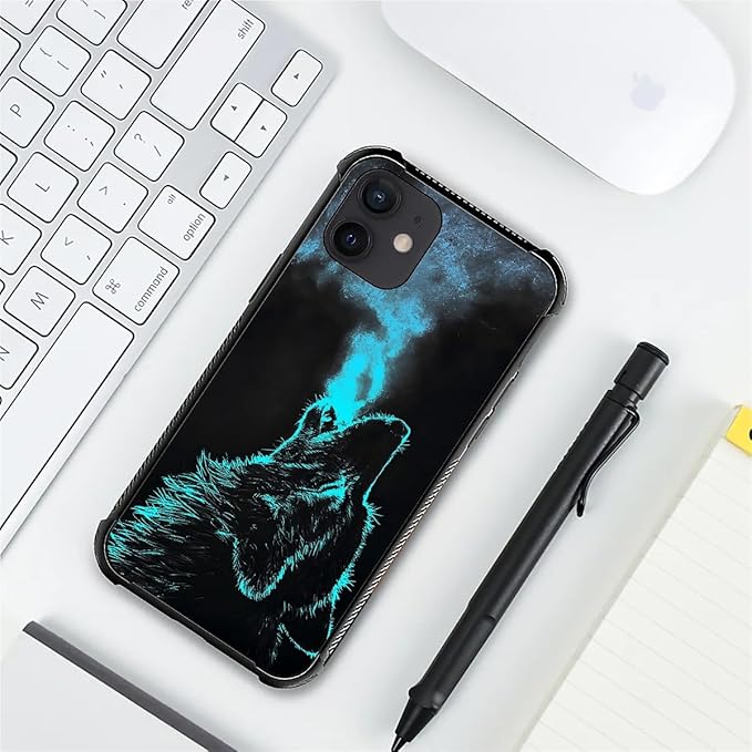 for iPhone 12/12 Pro Case, Blue Breathing Wolf Pattern Graphic Design Girl Boy Soft Silicone Hard Acrylic Shock Protection for iPhone 12/12 Pro