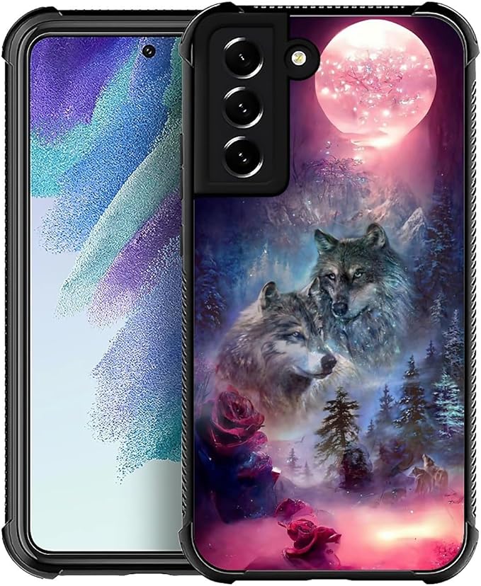 for Samsung Galaxy S22 Case, Star Two Wolfs Howling Pattern Graphic Design Girl Boy Soft Silicone Hard Acrylic Shock Protection for Samsung Galaxy S22