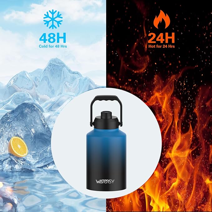 WATERSY 1 Gallon Water Bottle Insulated(Cold for 48 Hrs),BPA Free&Leak Proof,128oz Stainless Steel Water Jug,Big thermo,Large Water Bottle with Handle for Gym,Hiking,Camping&Travel,Gradient Blue