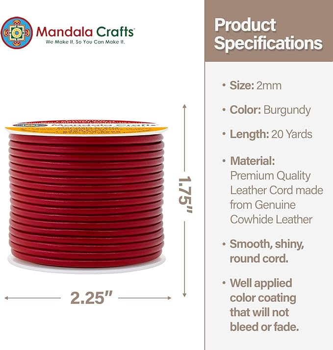 Mandala Crafts Round Genuine Burgundy Leather Cord for Jewelry Making – 2mm Cowhide Leather Rope String Lace for Kumihimo – 20 Yards Cowhide Craft Cording Spool