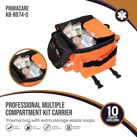 Primacare KB-RO74-O First Responder Trauma Bag, 17" x 9" x 7", Orange — EMT/EMS Medical Supply Organizer with Padded Dividers, Multiple Compartments, Side Pockets, Reflective Strip, Durable Design