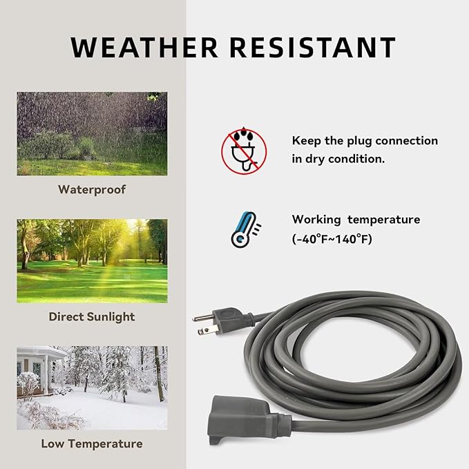 50ft Outdoor Extension Cord for Christmas Decorations- 16/3 Heavy Duty SJTW Waterproof Gray Electrical Cable with 3 Prong Grounded Plug for Safety, Great for Lawn and Major Appliances