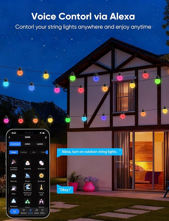 APPECK Outdoor String Lights 100ft, RGBW Color Changing Patio Lights with 50 Dimmable LED Bulbs, 111 Scene Modes, IP65 Waterproof Lighting for Outside, Party, Backyard, Pool, Compatible with Alexa