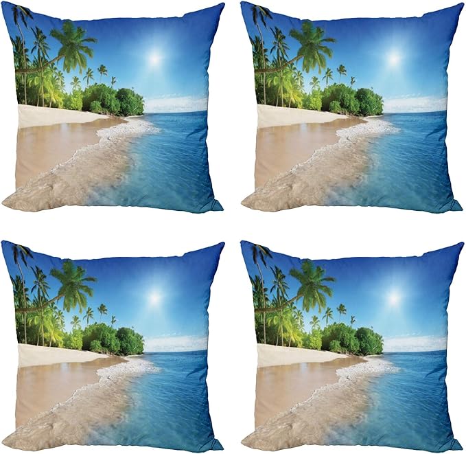 Ambesonne Tropic Throw Pillow Cushion Case Pack of 4, Ocean Tropical Palm Trees on Sunny Island Beach Scene Panoramic View Picture, Modern Accent Double-Sided Digital Printing, 16", Blue Green White