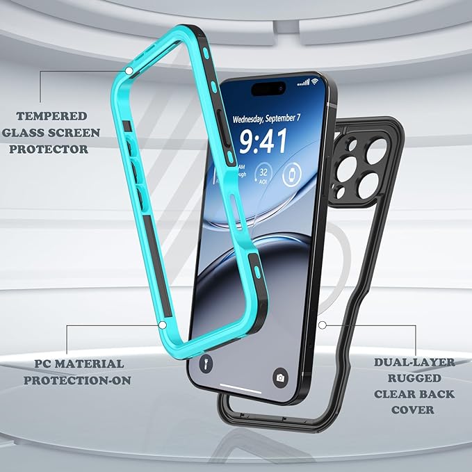 for iPhone 16 Pro Case Waterproof, [Shockproof] [Dustproof] [IP68 Waterproof] Full-Body Hard Case Built-in [Lens Screen Protection] for Diving Case (Teal, for iPhone 16 Pro 6.3in)