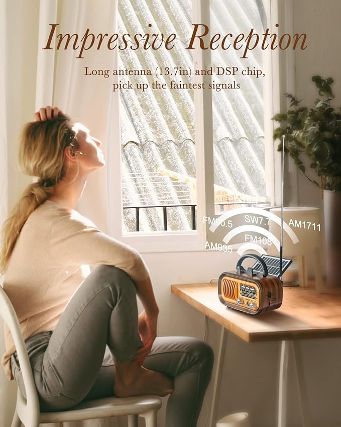 PRUNUS J-150 Portable Radio AM FM SW Bluetooth Speaker, Gifts for Dad and Mom, Retro Radios Vintage Transistor with Best Sound, Solar/D Battery Operated/USB Charging, TWS, Support TF Card/USB Playing