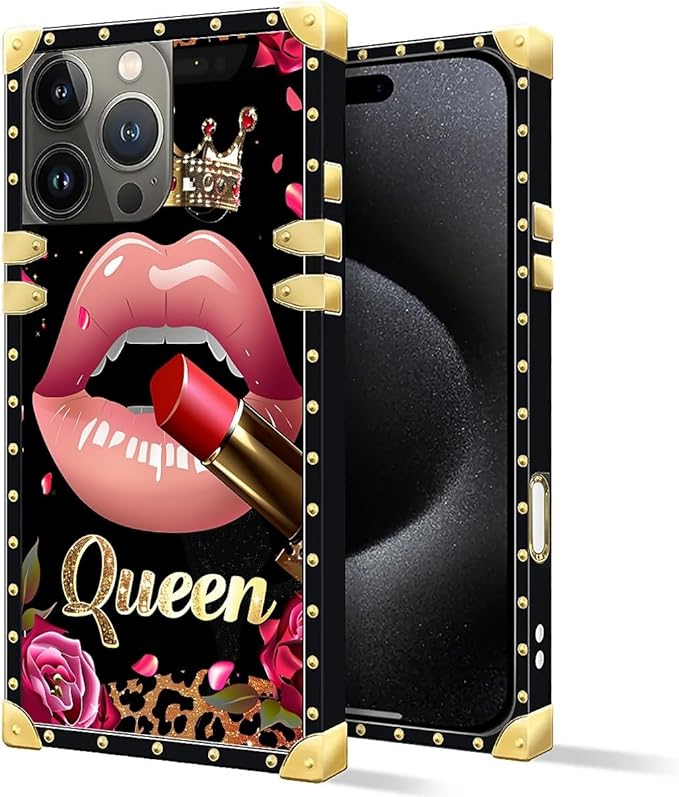 Compatible with iPhone 16 Pro Case, Glitter Red Rose Queen Leopard Lipstick Luxury Golden Decoration for Girl Women Soft TPU Shockproof Protective Hard PC Back