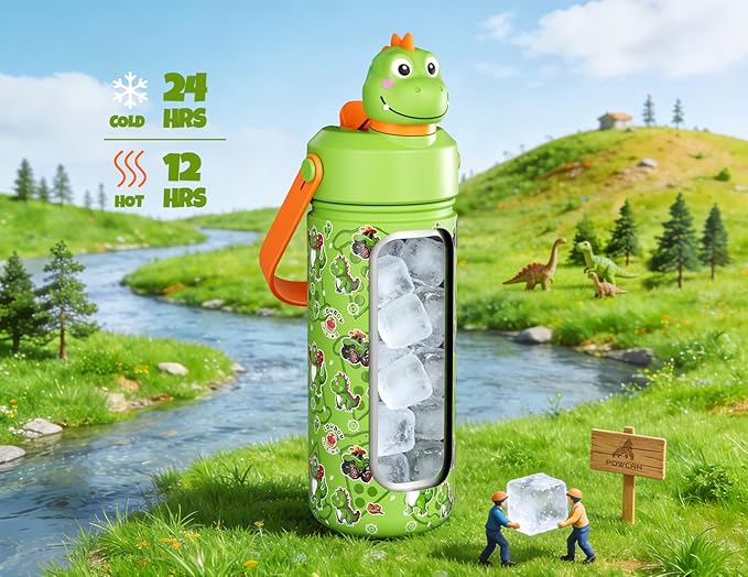 POWCAN 18 oz Kids Stainless Steel Water Bottle: 2-in-1 Straw Spout Lid with Soft Animal Head, Leakproof, Car Cupholder Friendly, Keep Cold 24H, Insulated Bottle for School, Sports, Camp (Cowboy Rex)