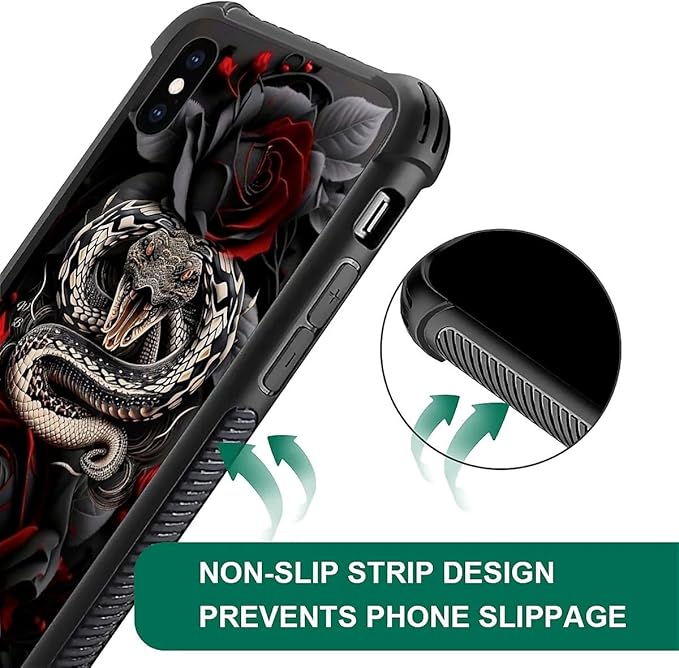 for iPhone Xs Max Case, Entwined Rose Snake Pattern Graphic Design Girl Boy Soft Silicone Hard Acrylic Shock Protection for iPhone Xs Max