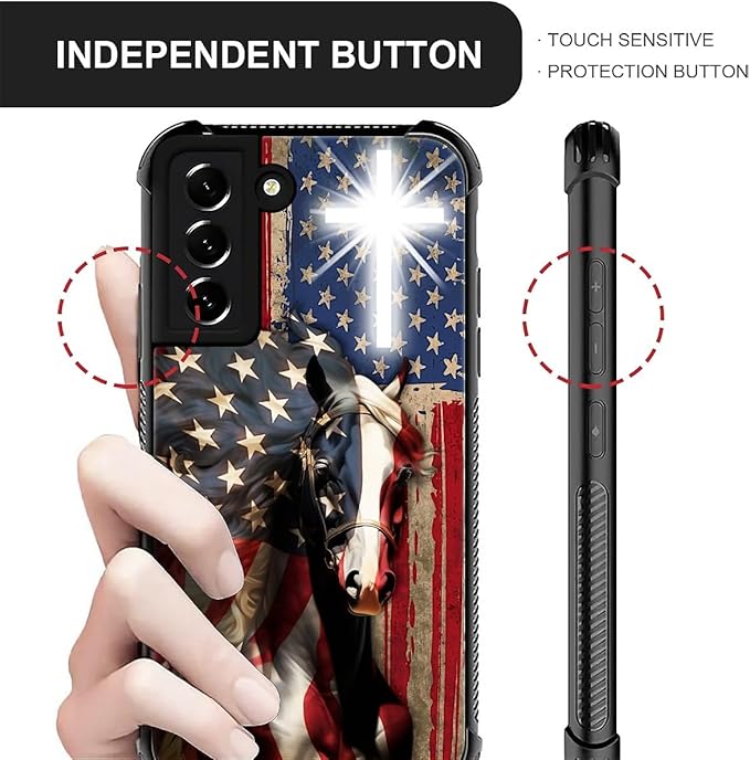 for Samsung Galaxy S21 FE Case, Red American Flag Horse Cross Pattern Graphic Design Girl Boy Soft Silicone Hard Acrylic Shock Protection for Samsung Galaxy S21 FE
