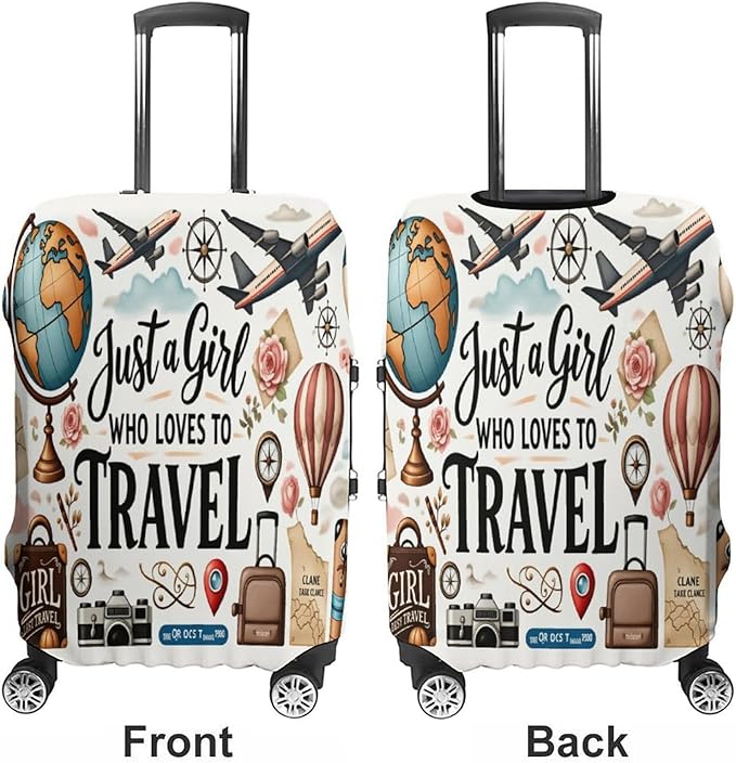 Travel Girl Adventure Globe Airplane Suitcase Camera Map Stretch Luggage Cover, Washable Suitcase Protector Fits 22-24in Cases, Secure Fit for Carry On Checked Bags, Travel Essentials