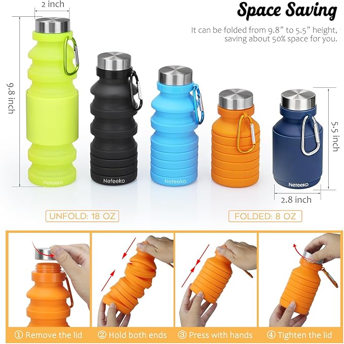 Nefeeko Collapsible Water Bottle, Reuseable BPA Free Silicone Foldable Water Bottles for Travel Gym Camping Hiking, Portable Leak Proof Sports Water Bottle with Carabiner
