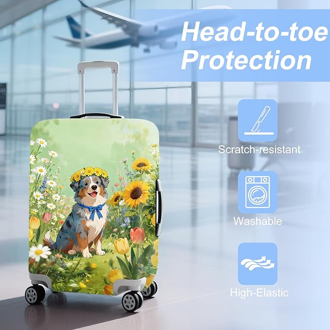 ANNA QUEEN Spring Cute Dog Travel Luggage Cover-Flower Stretchable Airplane Suitcase Protector Sleeve,Universal Washable Fit for 20-26 Inch Checked Baggage,Water Resistant Durable Luggage Protector
