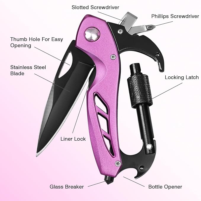 FUNBRO Pink Multitool Carabiner, Stocking Stuffers Gifts for Mom Women Wife, 6-in-1 Keychain Multi Tools with Window Breaker, Bottle Opener and Screwdriver, EDC Gear Gadget for Camping Hiking