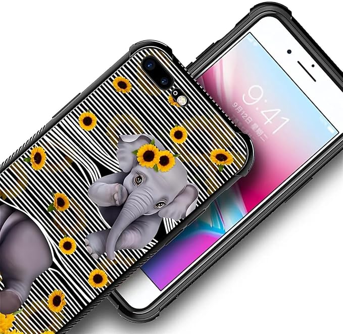 for iPhone 7/8 Case, Cute Little Elephant Sunflower White Line Art Pattern Made of Soft Silicone Hard Acrylic Shock Protection for iPhone 7/8